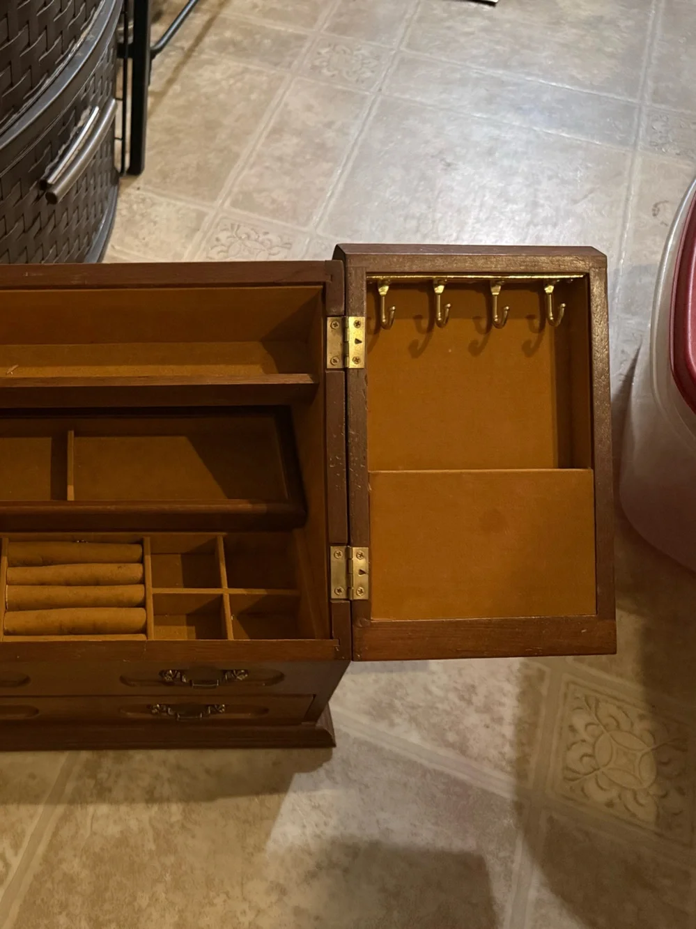 Wood-Finish Jewelry Organizer with Etched Glass Panels - Brown
